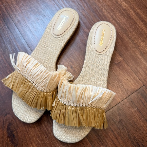 NEW Larroude Ivy Fringe Flat Sandals - Tan Raffia Sz 8 - Picture 3 of 8